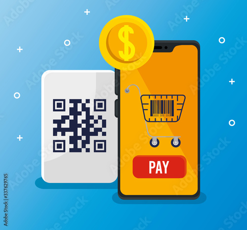 qr code smartphone receipt cart and coin design of technology scan information business price communication barcode digital and data theme Vector illustration