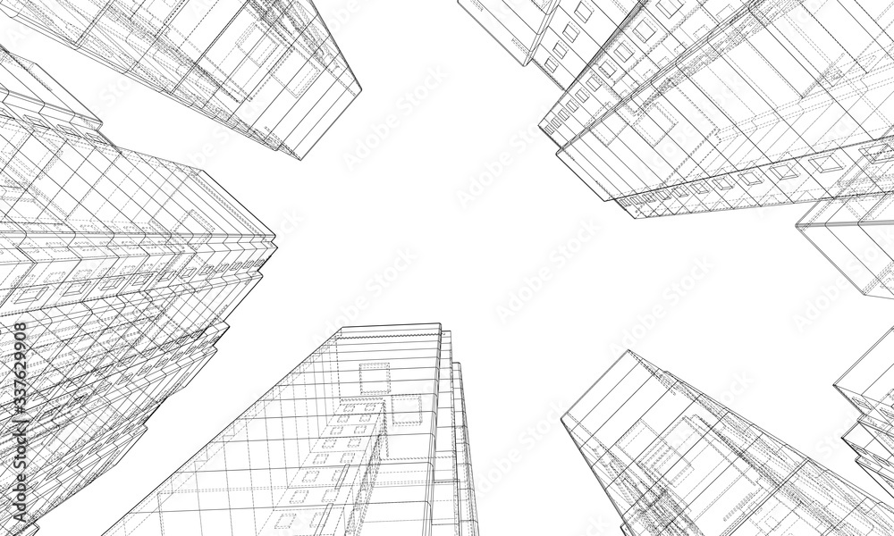 Vector wire-frame model of a multi-storey building - obrazy, fototapety, plakaty 