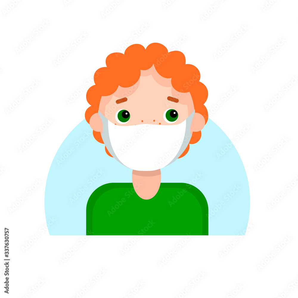 Face of a red-haired boy with freckles in mask. Cartoon portrait of a young man. Avatar character for an icon drawn by hand a simple flat. Stock vector illustration isolated on white background. Face of a red-haired boy with freckles in mask. Cartoon portrait of a young man. Avatar character for an icon drawn by hand a simple flat. Stock vector illustration isolated on white background.