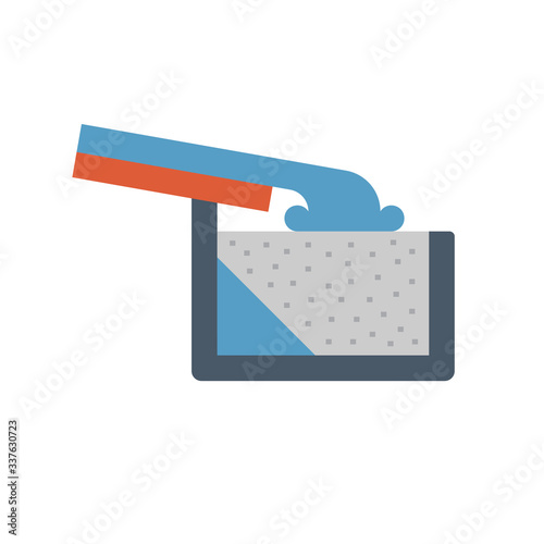 Rain gutter and rainwater drop icon with square or box shape. Include foam gutter guard or gutterstuff or foam filter insert made from sponge for protection from damage, clogged and reduce cleaning.
