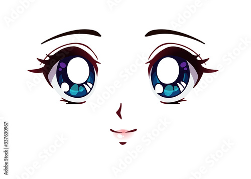 Happy anime face. Manga style big blue eyes
