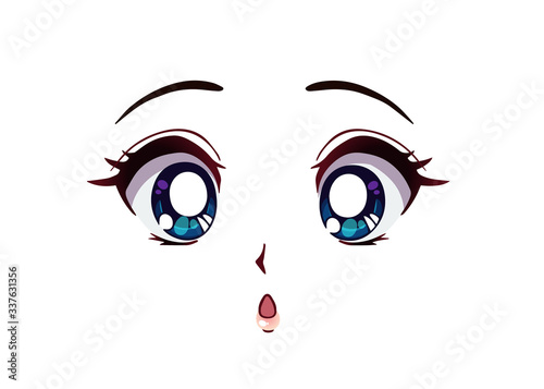 Surprised anime face. Manga style big blue eyes.