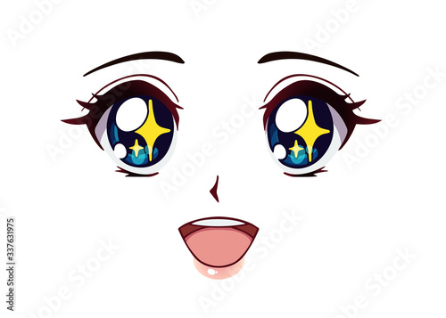 Happy anime face. Manga style big blue eyes
