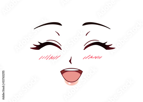 Happy anime face. Manga style closed eyes