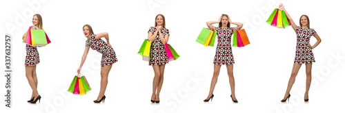 Young woman after shopping isolated on the white