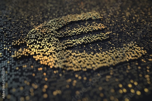 Golden numbers bars compose EUR euro symbol on black background. 3D rendering