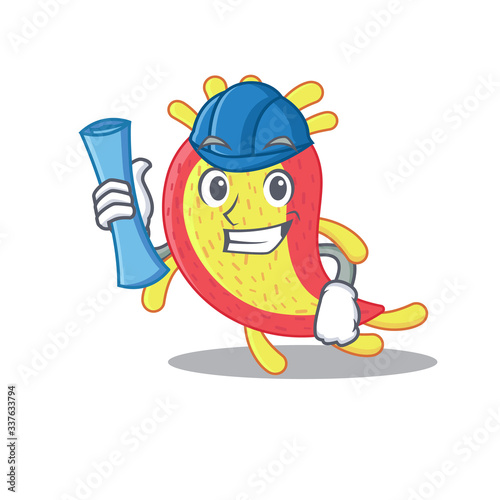 Cartoon character of azorhizobium caulinodans brainy Architect with blue prints and blue helmet