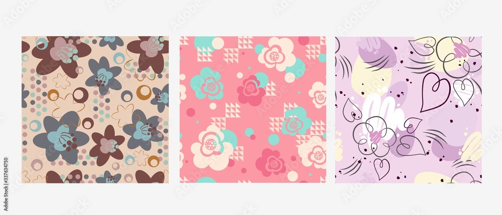 Fashionable seamless pattern with flower blossom. Floral background set for textile, interior decor, paper vector illustration.