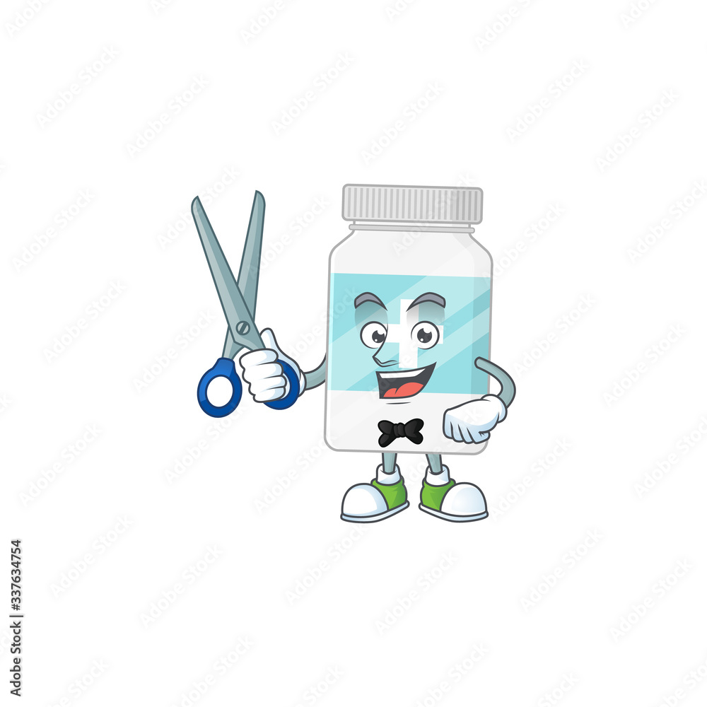 Cute Barber supplement bottle cartoon character style with scissor