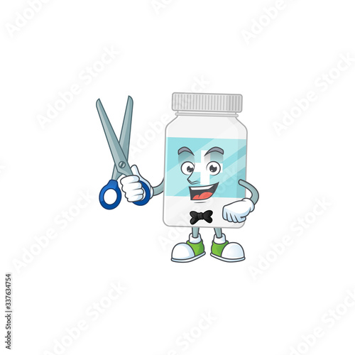 Cute Barber supplement bottle cartoon character style with scissor