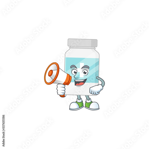 A picture of supplement bottle cartoon design style speaking on a megaphone photo