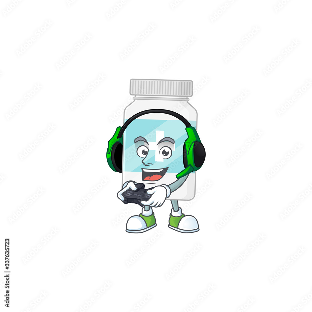 A cartoon design of supplement bottle talented gamer play with headphone and controller A cartoon design of supplement bottle talented gamer play with headphone and controller