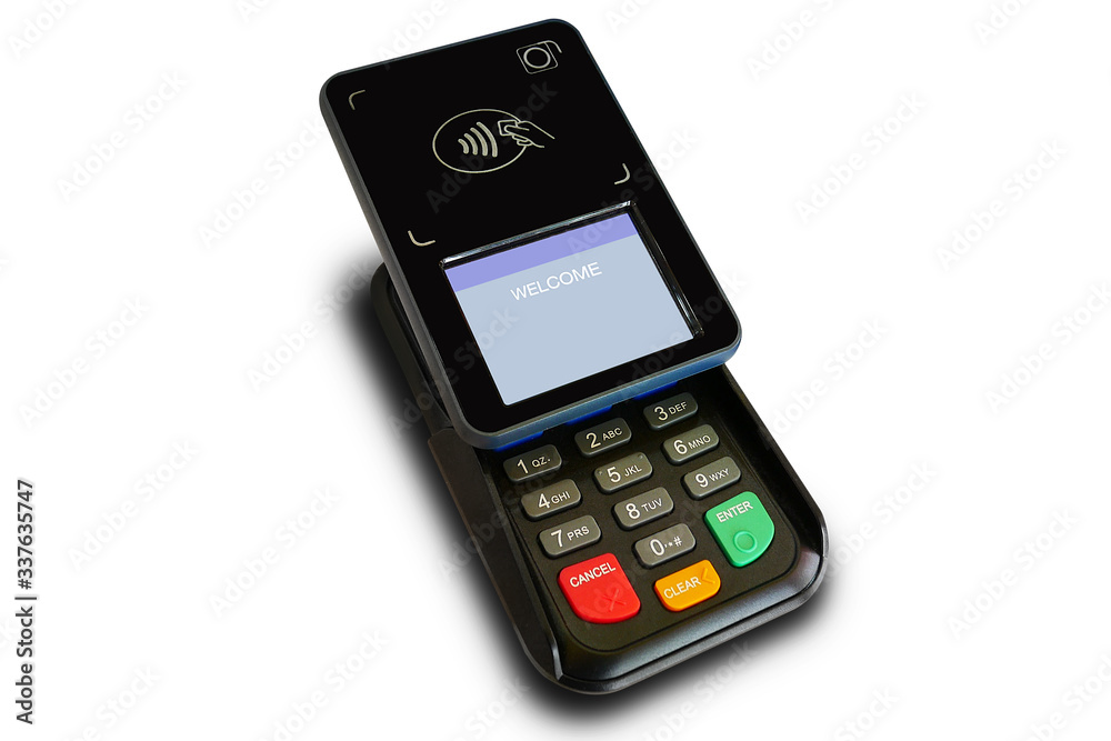 Cashier hand over EDC machine or credit card terminal to made an online payment clipping path inside Cashier hand over EDC machine or credit card terminal to made an online payment clipping path inside