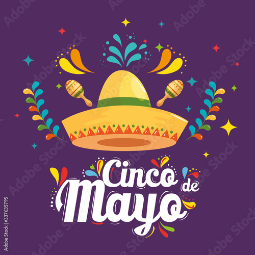 Mexican hat and maracas design, Cinco de mayo mexico culture tourism landmark latin and party theme Vector illustration
