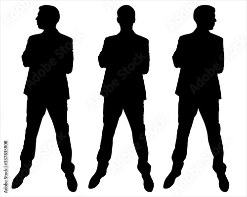 Vector illustration male silhouette in a business suit. Man stands straight and holds his hands on his chest, looks straight ahead, looks sideways. Black shadows isolated on a white background.