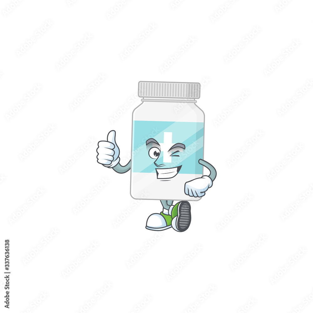 Mascot design style of supplement bottle showing Thumbs up finger Mascot design style of supplement bottle showing Thumbs up finger