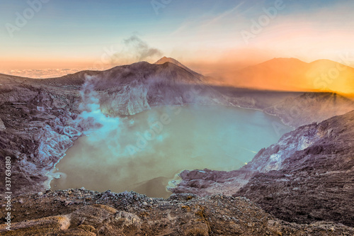 Aerial View of Kawah Ijen - Early in the Morning. The Ijen volcano complex is a group of composite volcanoes in the Banyuwangi Regency of East Java, Indonesia.
