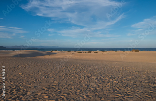 Ripples on sand dune near Corralejo with volcano mountains in the background, Fuerteventura, Canary Islands, Spain. October 2019
