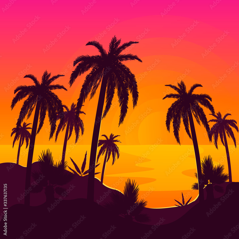 Tropical beach with palm trees and ocean with sun reflection. Summer vacation or resort at sunset. Island with plants vector illustration.