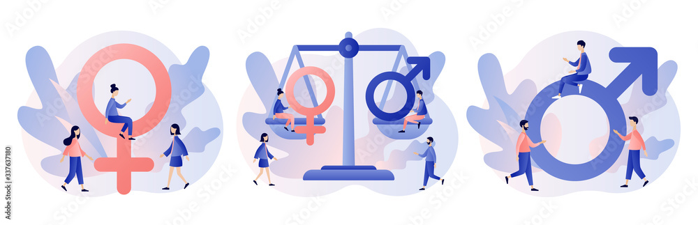 Gender equality concept. Female and Male gender sign. Feminism movement for tolerance, rights and same opportunities like men do. Modern flat cartoon style. Vector illustration on white background Gender equality concept. Female and Male gender sign. Feminism movement for tolerance, rights and same opportunities like men do. Modern flat cartoon style. Vector illustration on white background