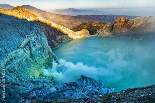 Aerial View of Kawah Ijen - Early in the Morning. The Ijen volcano complex is a group of composite volcanoes in the Banyuwangi Regency of East Java, Indonesia. photo