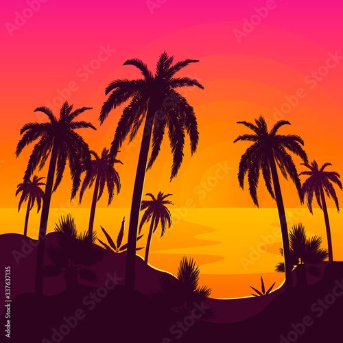 Tropical beach with palm trees and ocean with sun reflection. Summer vacation or resort at sunset. Island with plants vector illustration. © Богдан Скрипник