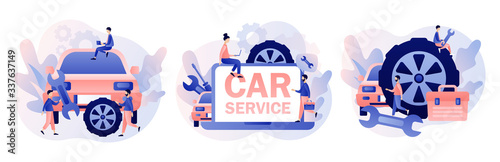 Car service and repair. Auto service concept. Tiny Repairman, Mechanics characters in uniform with tools and tire. Modern flat cartoon style. Vector illustration on white background