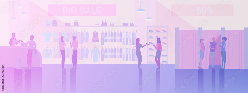 People shopping in Clothes Store Fashion Shop Mall Flat vector illustration. Customers paying at cash-desk, talking with assistants, dressing room People shopping in Clothes Store Fashion Shop Mall Flat vector illustration. Customers paying at cash-desk, talking with assistants, dressing room