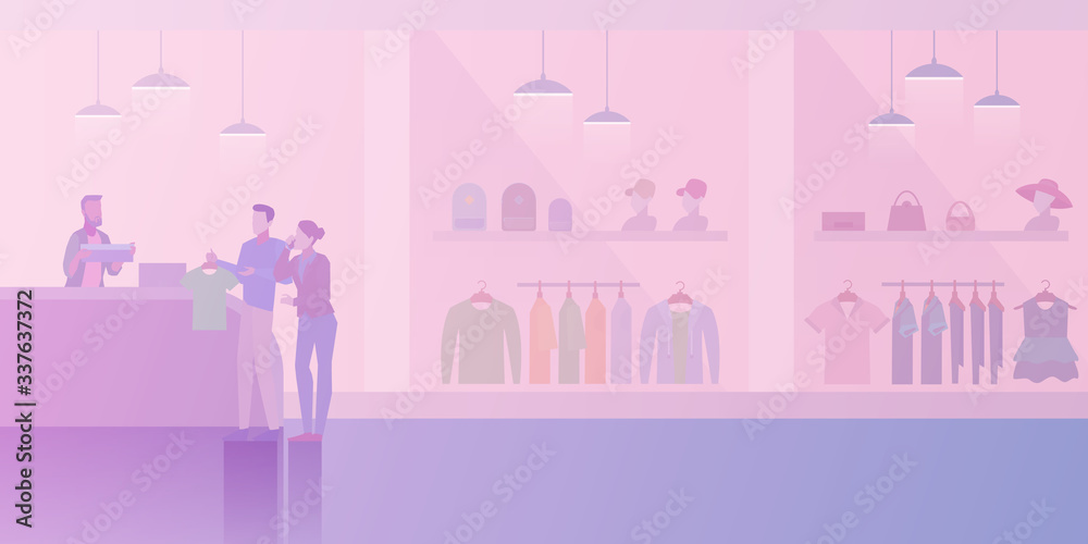 People shopping in Clothes Store Fashion Shop Mall Flat vector illustration. Customer and vendor assistant near dressing room