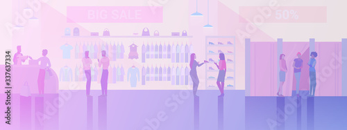People shopping in Clothes Store Fashion Shop Mall Flat vector illustration. Customers paying at cash-desk, talking with assistants, dressing room