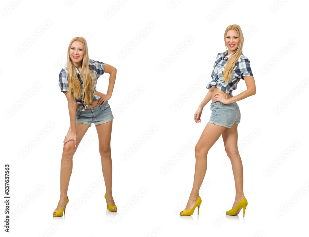 Pretty woman in jeans shorts isolated on white Pretty woman in jeans shorts isolated on white