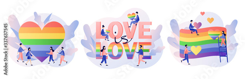 LGBT movement concept. Love is love. Tiny people with Rainbow coloured flag and hearts. Love parade. Modern flat cartoon style. Vector illustration on white background