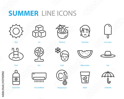 set of summer icons, hot, ice cream, water, air condition, cool