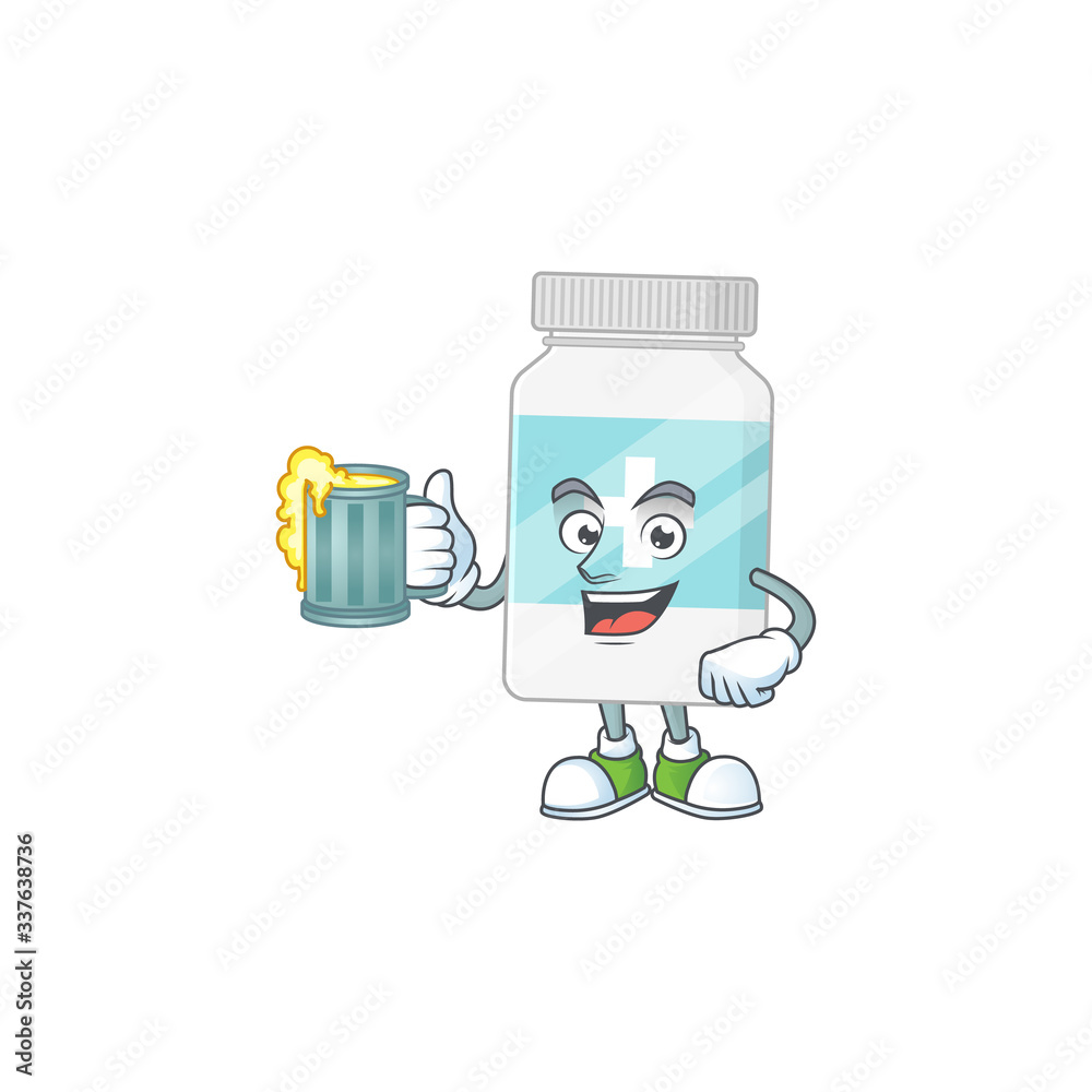 Happy supplement bottle mascot style toast with a glass of beer