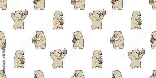 bear seamless pattern polar bear Boba milk tea vector bubble milk tea cartoon scarf isolated repeat wallpaper tile background doodle illustration design