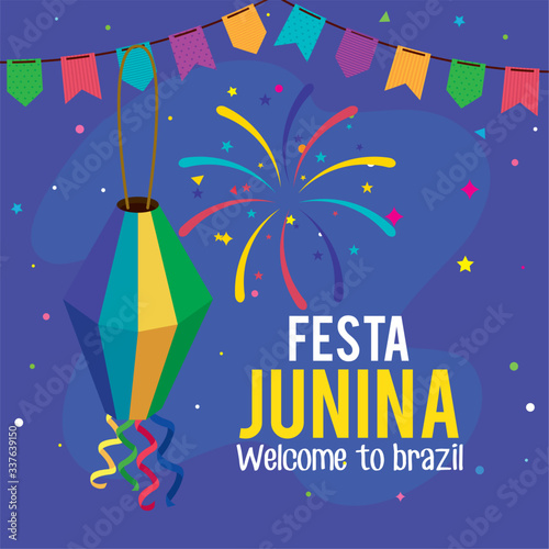 fiesta junina poster with lantern and garlands hanging design