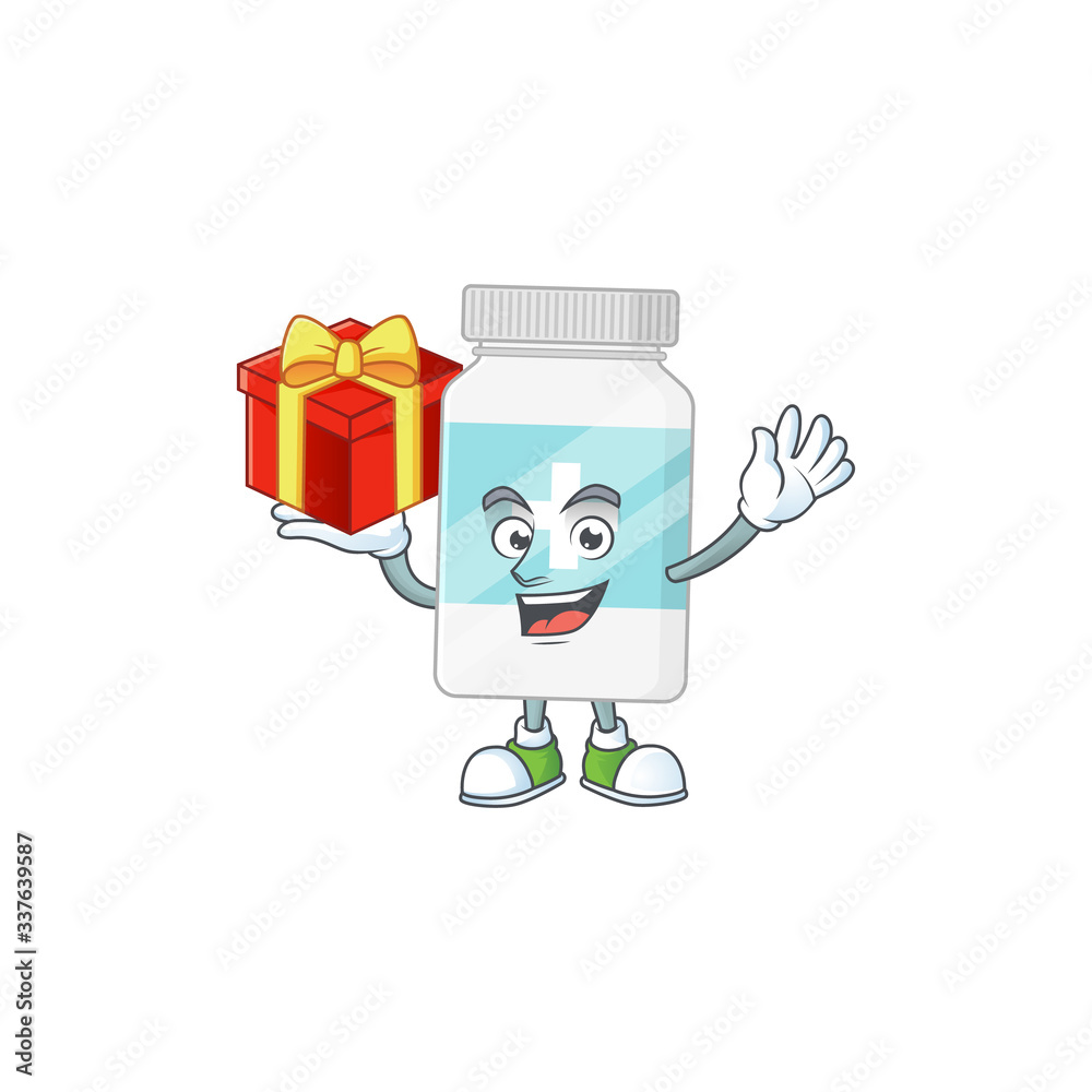 Charming supplement bottle mascot design has a red box of gift