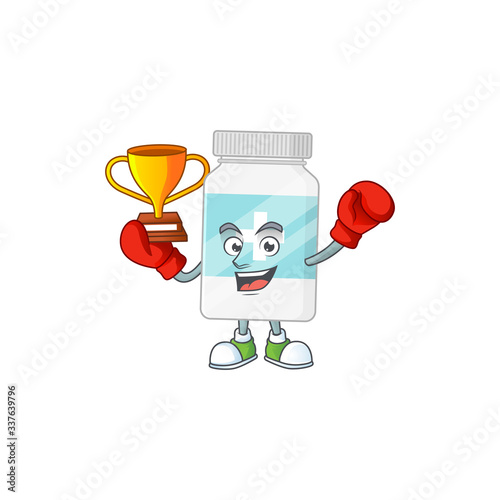Proudly face of boxing winner supplement bottle presented in cartoon character design