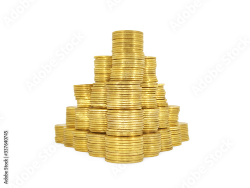 Pyramid of golden coins isolated on a white background.