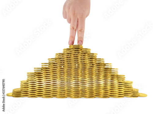 Pyramid of gold coins with a human hand on top, isolated on a white background.