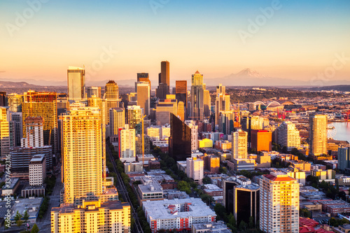 Seattle Aerial Skyline with Mt. Rainier in the Background at Sunset, Washington photo
