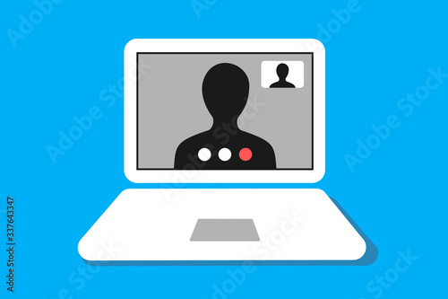 Person, man and human are doing video chat and remote electronic communication through computer nad laptop. Modern technology - online connection, internet and webcam. Vector illustration.