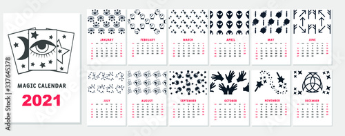 Magic calendar  2021. Monthly calendar 2021. Set of 12 months. Week starts on Sunday. Editable calendar page template A4, A3. Vertical vector illustration