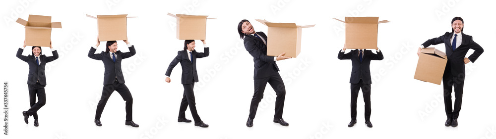 Funny man with boxes on white Funny man with boxes on white