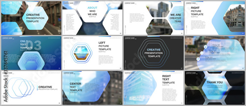 Minimal presentations design, portfolio vector templates with hexagonal design blue color pattern background. Multipurpose template for presentation slide, flyer leaflet, brochure cover, report.