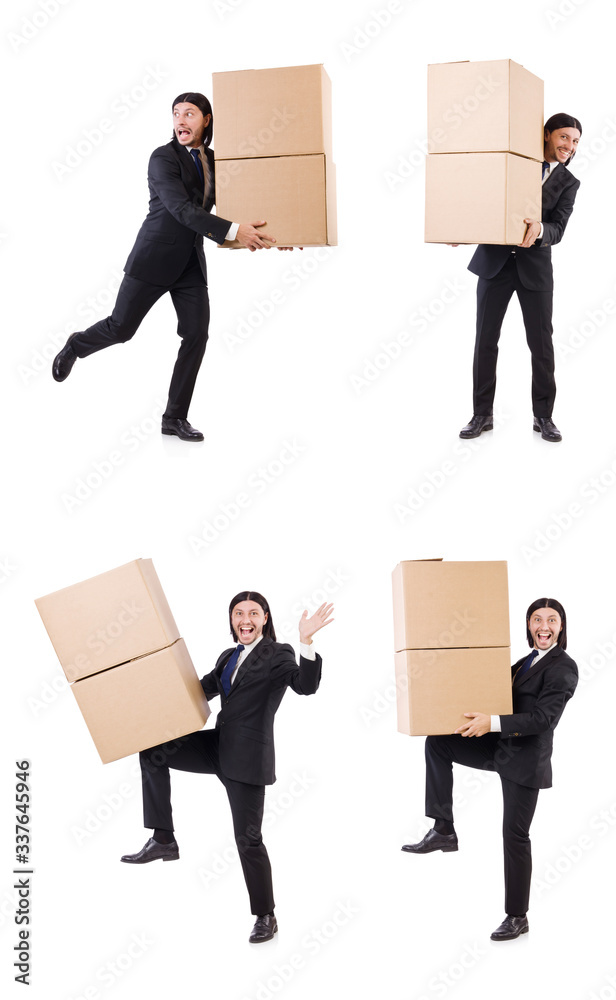 Funny man with boxes on white Funny man with boxes on white
