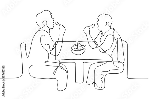 two men eat chicken legs at the table, their mouths are wide open they are sitting opposite each other between the guys a full plate of food. One continuous line drawing. Can be used for animation
