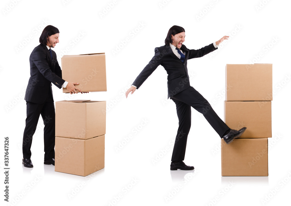 Funny man with boxes on white Funny man with boxes on white
