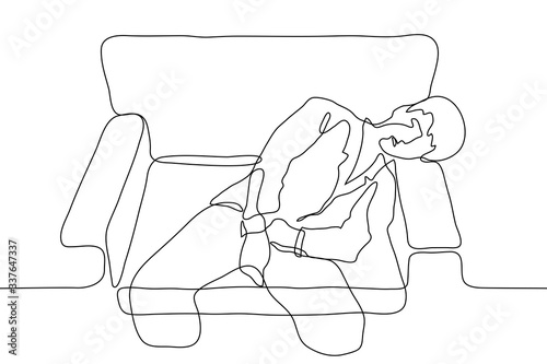 man in a suit fell asleep in an armchair. Tired businessman is sleeping in an office chair. One continuous line drawing, can be used for animation