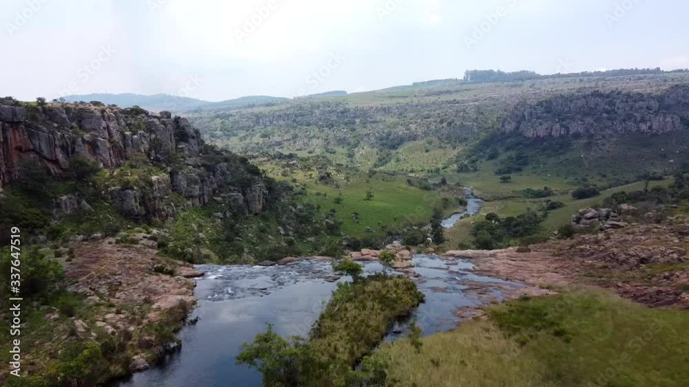 Over a river in Blyde Canyon by drone. Over a river in Blyde Canyon by drone.